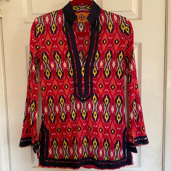Tory Burch Red Ikat Aztec Tribal Print Tunic Top - Picture 2 of 4